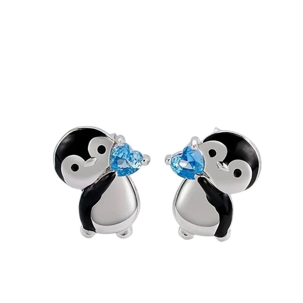 Cute Penguin Stud Earrings With Blue Heart Crystal Silver Tone